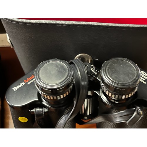 90 - Pair of boots binoculars with case, Galaxy camera lens and Zenit E camera.