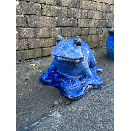 277 - large blue glazed garden frog ornament.
27cm h x 45cm l