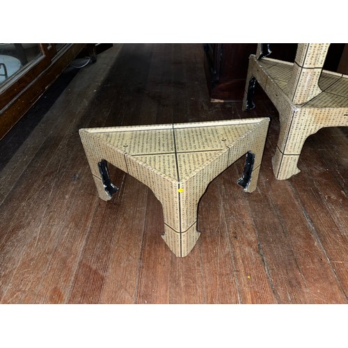 160 - Set of 4 1980's stacking tables with Chinese writing decoration.