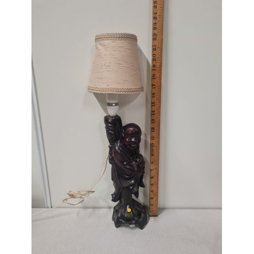 48 - Carved Oriental table lamp with half lamp shade.
57cm h inc shade