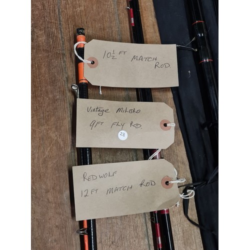149 - 3 fishing rods to include red wolf 12ft , milbro 9ft & 10.5ft match rod