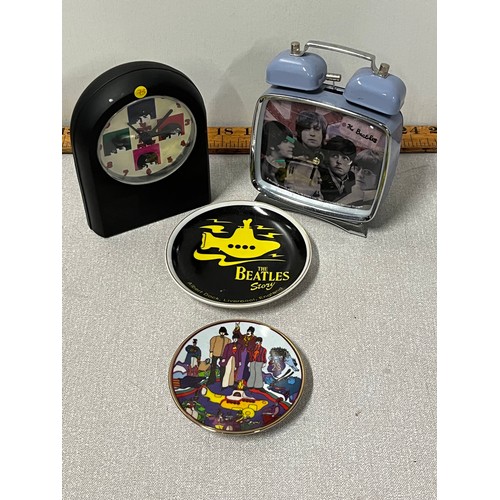 83 - 2 Beatles clocks and 2 trinket dishes.