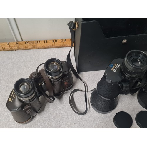 104 - 3 x vintage Kodak cameras and 3 pairs of binoculars with cases to include Regent etc.