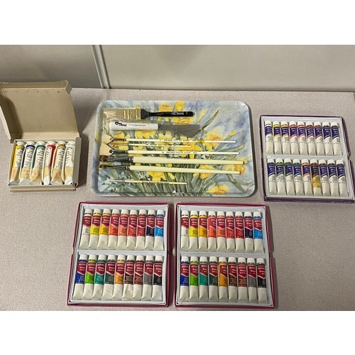 40A - Selection of Bob Ross artists paint brushes and painting knife along with 3 boxes of new Reeves pain... 