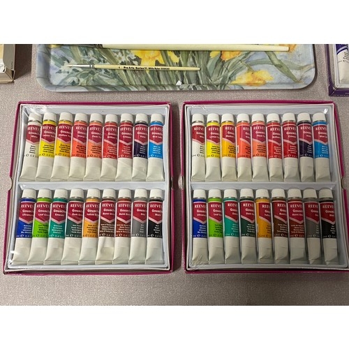 40A - Selection of Bob Ross artists paint brushes and painting knife along with 3 boxes of new Reeves pain... 