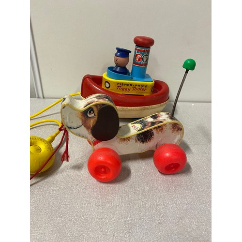 317 - 3 vintage Fisher Price toys - Tuggy Tooter, pull along dog and telephone.