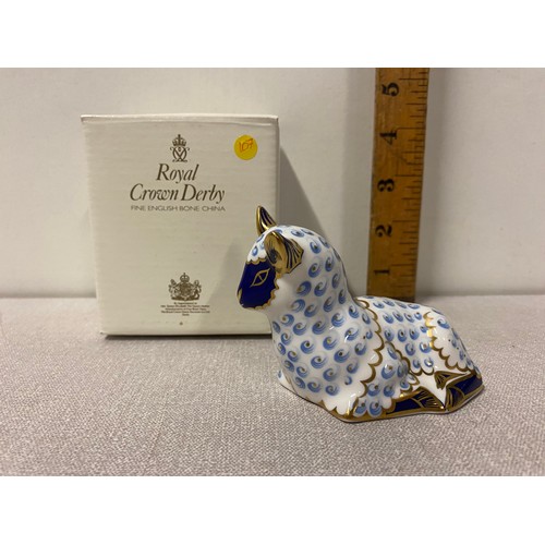 6 - Royal Crown Derby lamb paperweight with gold stopper and box.