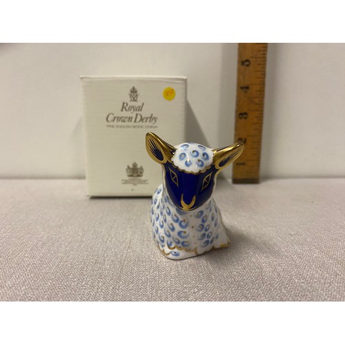 6 - Royal Crown Derby lamb paperweight with gold stopper and box.