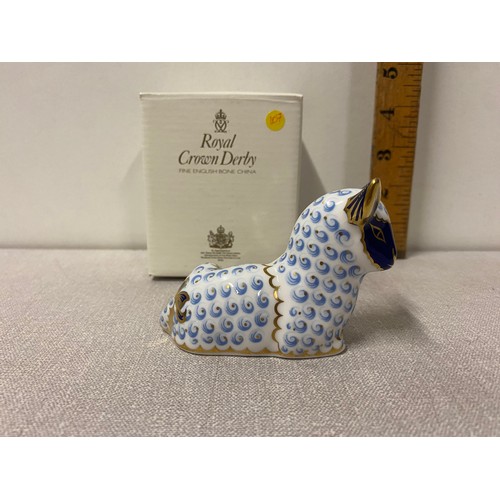 6 - Royal Crown Derby lamb paperweight with gold stopper and box.