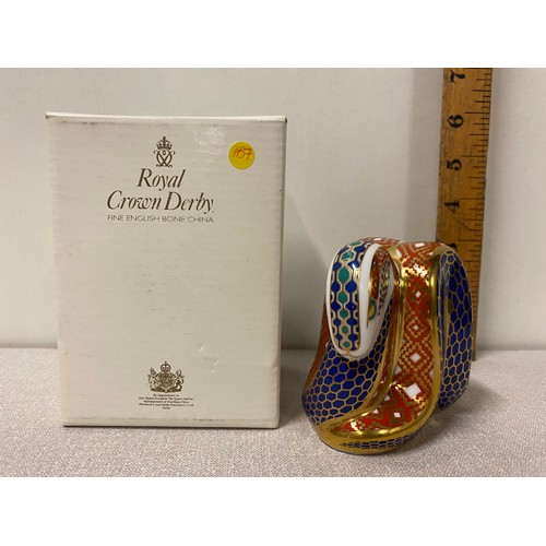 7 - Royal Crown Derby snake paperweight with gold stopper and box.