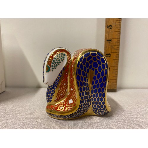 7 - Royal Crown Derby snake paperweight with gold stopper and box.