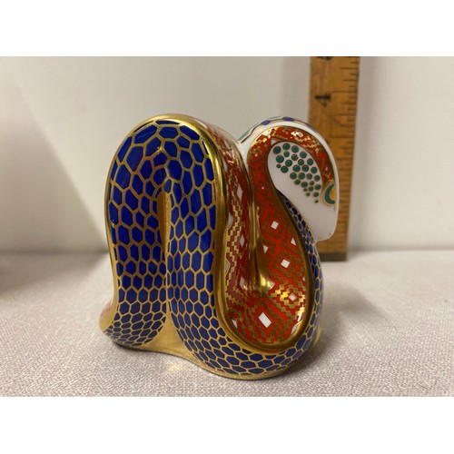 7 - Royal Crown Derby snake paperweight with gold stopper and box.