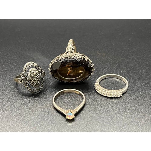 113 - 4 x Silver rings - marquisate and smoky quartz etc.