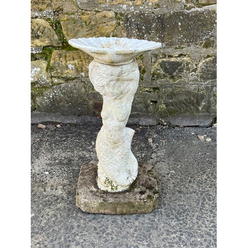 453 - Vintage plastic garden statue/bird bath of mermaid holding shell. 75cm tall