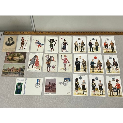 17 - Selection of female military of the world postcards & several Scottish Regiments blank & used.