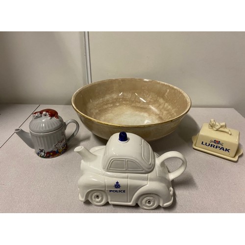 301A - Carlton ware Police teapot, Lurpack butter dish and large mixing bowl & Wade teapot.