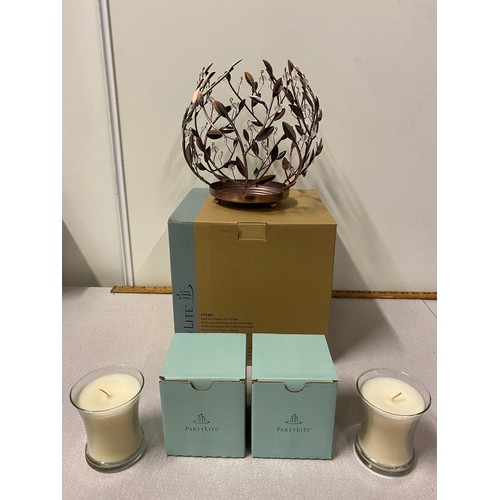 361 - New boxed Partylite leaf and berry jar holder along with 2 candles.