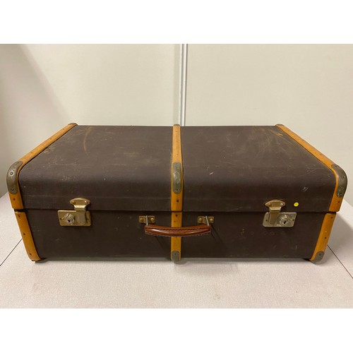 479 - Vintage wood banded suitcase and small briefcase.