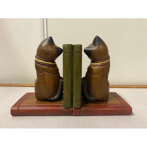 3 - Pair of wooden cat bookends along with carved wooden cat shelf ornament.