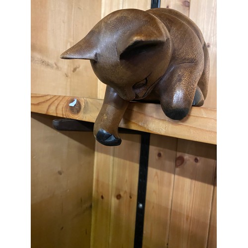 3 - Pair of wooden cat bookends along with carved wooden cat shelf ornament.