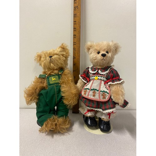 82 - 2 Franklin Mint jointed teddy bears on stands John Deere and Holly the holiday dress maker.