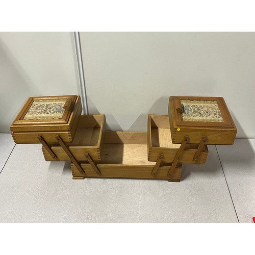 121 - Wooden cantilever sewing box with embroidered panels.