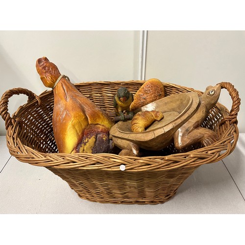 96 - Wicker basket with vintage plastic shop display ham etc. and carved wooden tortoise.