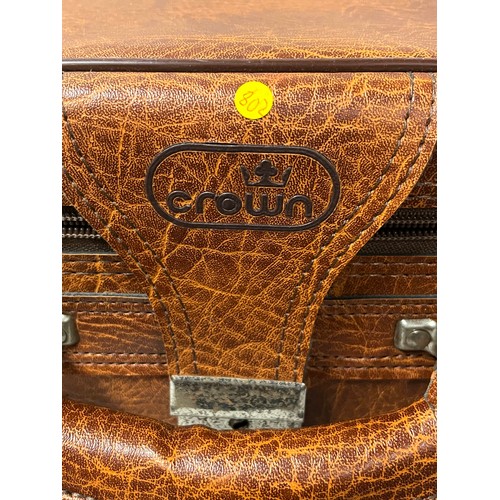 345 - Vintage brown leather Crown suitcase.