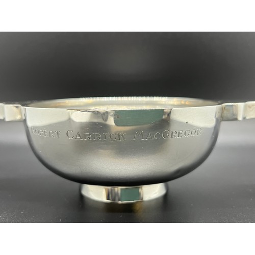 5 - Hallmarked solid silver R & W Sorley Glasgow presentation quaich.
192g
17.5cm handle to handle