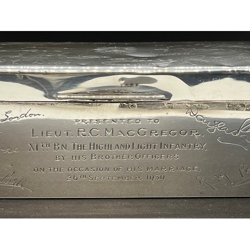 26 - WW2 Hallmarked silver cigar box presented to Lieut. R.C. MacGregor, XIth Bn. The Highland Light Infa... 