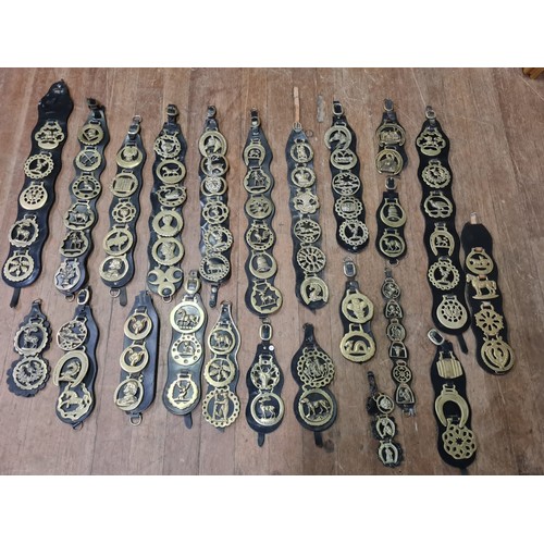 19 - Large collection of horse brasses on leather straps - brasses to include Winston Churchill and thist... 