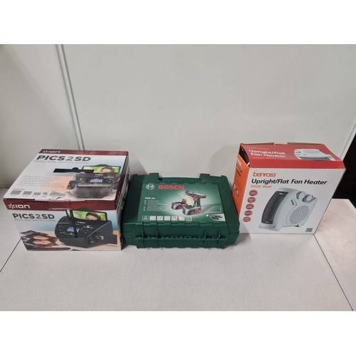 506 - Ion Pics 2SD scanner, Bosch cordless drill and Benross fan heater.