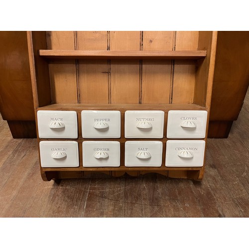 50 - pine wall spice cabinet with ceramic spice drawers
92cm H x 74cm W x 14cm D