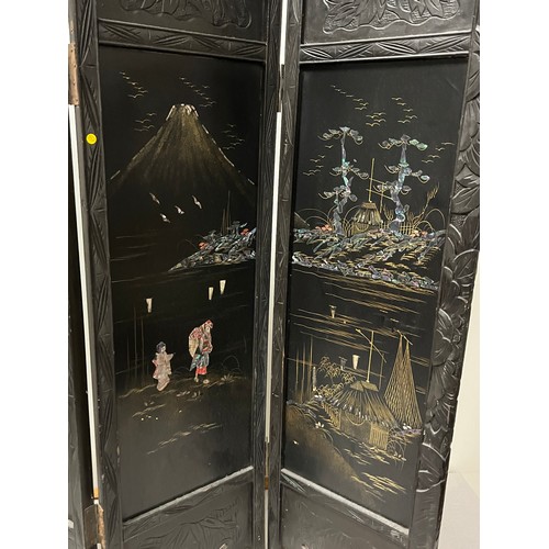 6 - 4 panel black lacquered oriental screen
90cm H x 108 cm L (Fully opened)