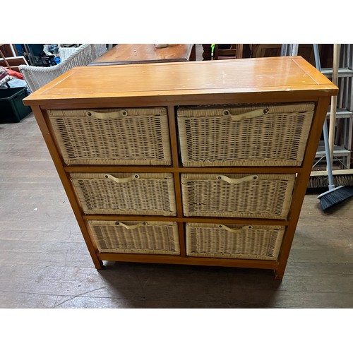 59 - Wood & wicker 6 drawer chest.
90cm W x 39cm D x 86cm H