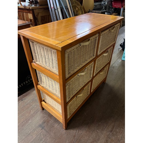 59 - Wood & wicker 6 drawer chest.
90cm W x 39cm D x 86cm H