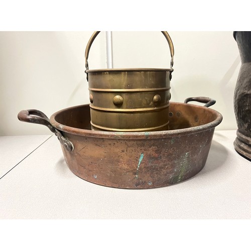 164 - Copper 2 handled pan & 2 others