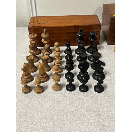 166 - 2 vintage chess sets one complete one has 1 piece missing with wooden boxes