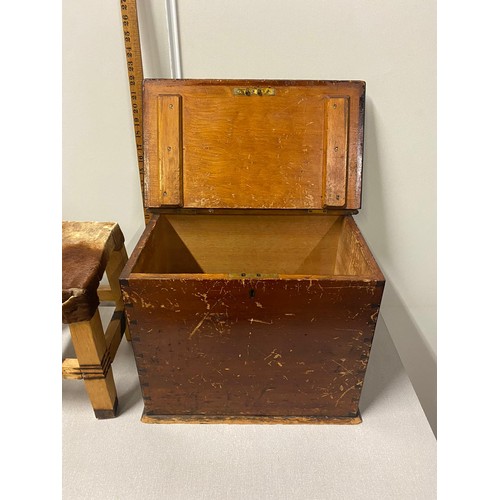 183 - Large wooden box with small animal hide stool.