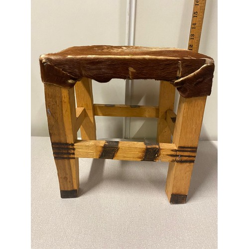 183 - Large wooden box with small animal hide stool.