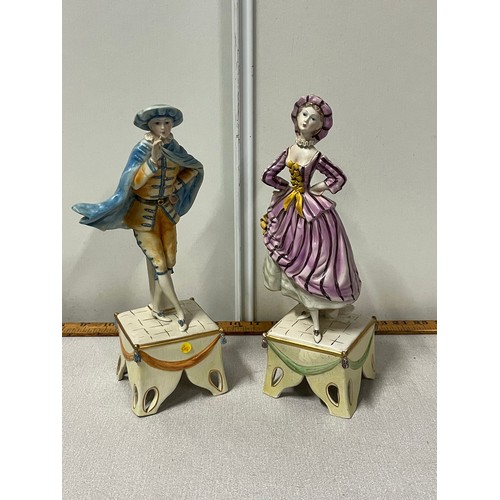 146 - Pair of vintage porcelain figurines on stands, possibly German. Gold signature to the base.
28cm h