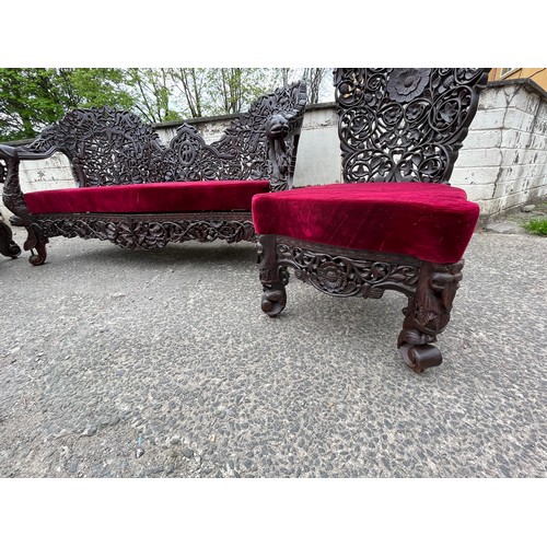 240 - an asian highly carved sofa & 2 chairs with red velvet upholstery