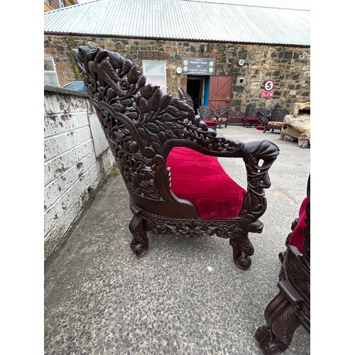 240 - an asian highly carved sofa & 2 chairs with red velvet upholstery