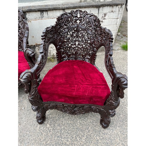 384 - an asian highly carved sofa & 2 chairs with red velvet upholstery