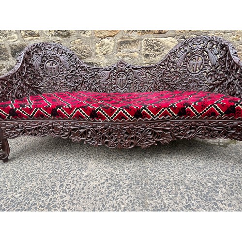 385 - an asian highly carved sofa & 2 chairs with red velvet upholstery