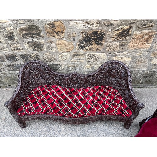 385 - an asian highly carved sofa & 2 chairs with red velvet upholstery