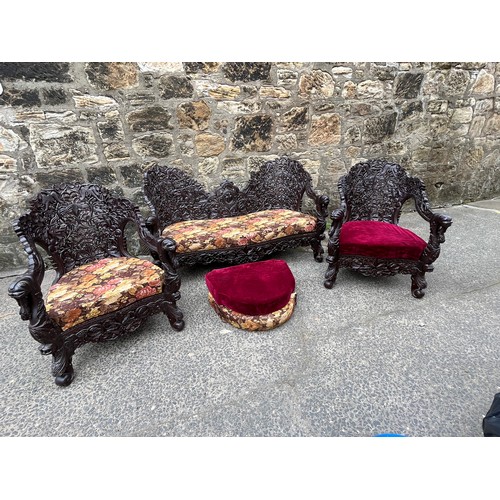 445 - an asian highly carved sofa & 2 chairs with red velvet & floral upholstery 
2 extra cushions include... 