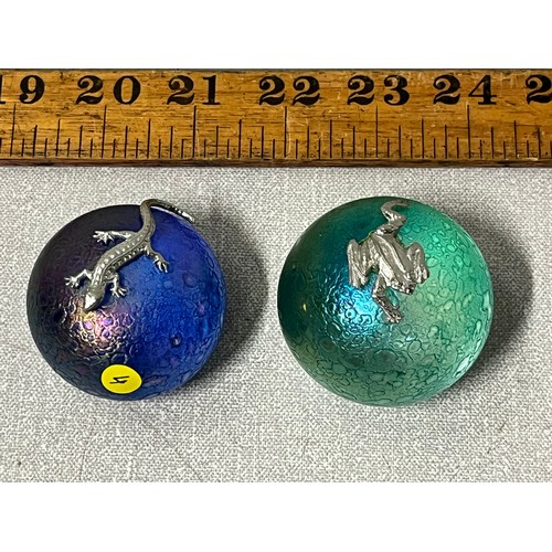 191 - 2 loetz style paperweights with frog & lizard