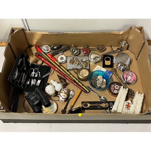 199 - box of collectables to include pocket watches, penny whistles etc