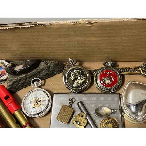 199 - box of collectables to include pocket watches, penny whistles etc